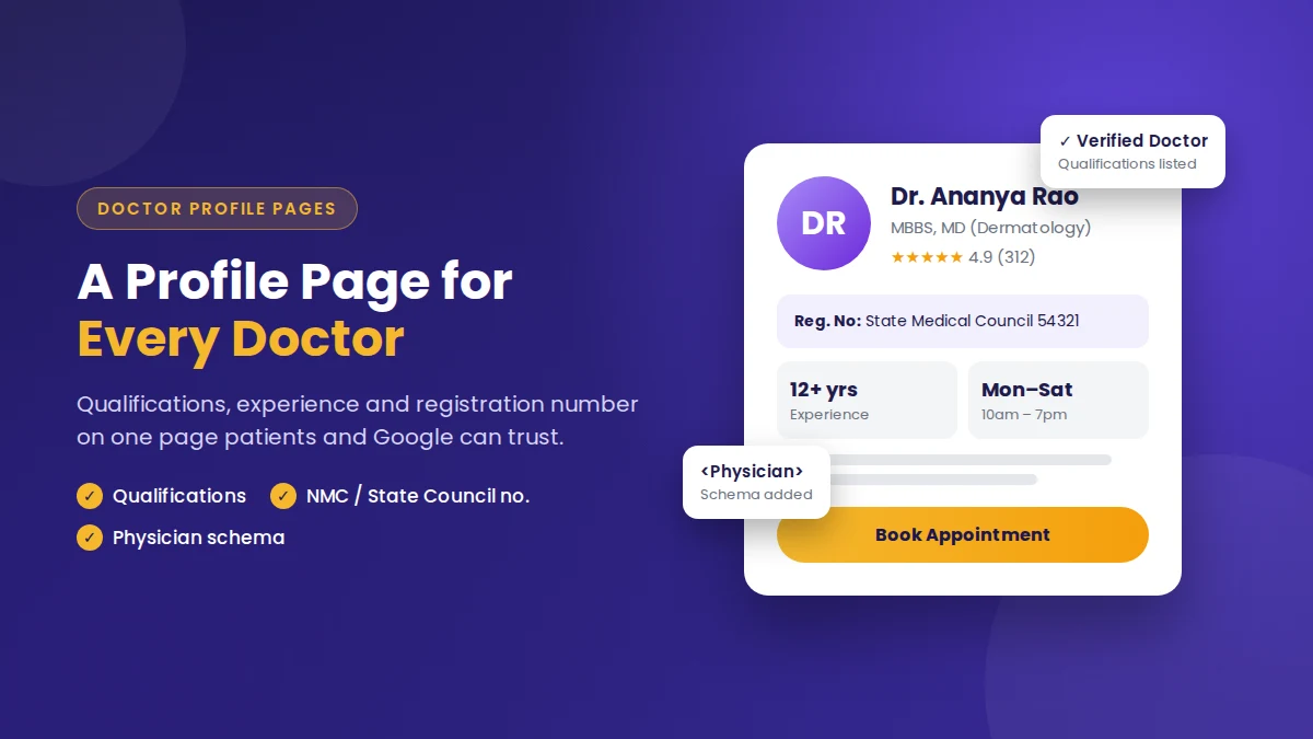 Doctor profile page showing qualifications, experience and State Medical Council registration number for clinic SEO in India
