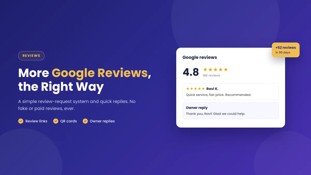 Google reviews and owner replies for a local business, earned through a review request system