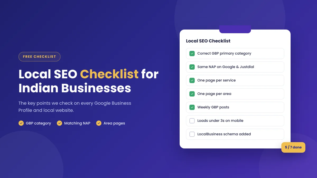 Local SEO checklist for Indian businesses covering GBP category, NAP consistency, service pages, area pages and schema