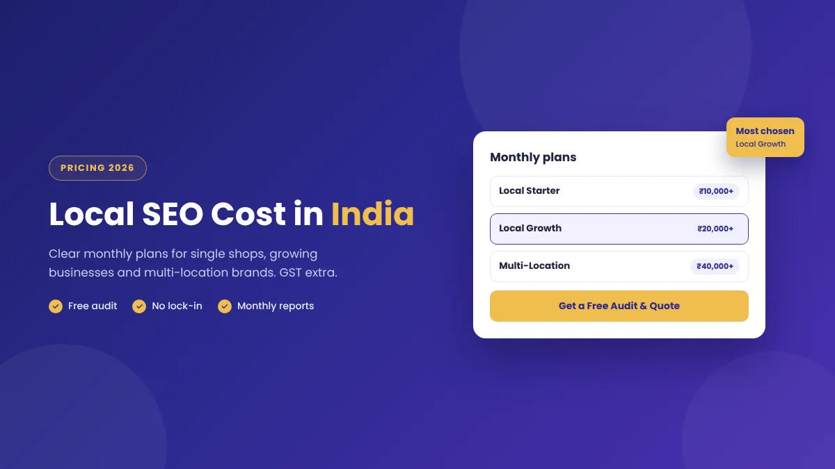 Local SEO cost in India: Local Starter ₹10,000, Local Growth ₹20,000 and Multi-Location ₹40,000+ per month plans