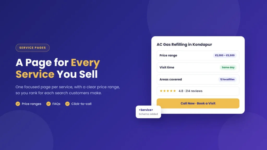 Local service page with price range, visit time, areas covered and reviews