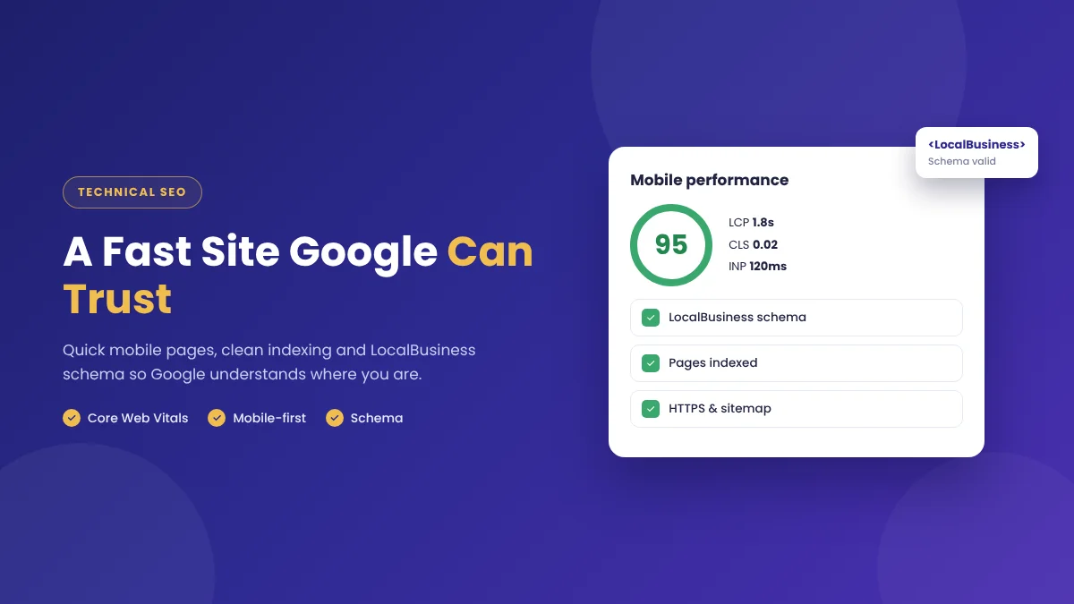 Technical SEO for a local business website with a 95 mobile speed score and LocalBusiness schema