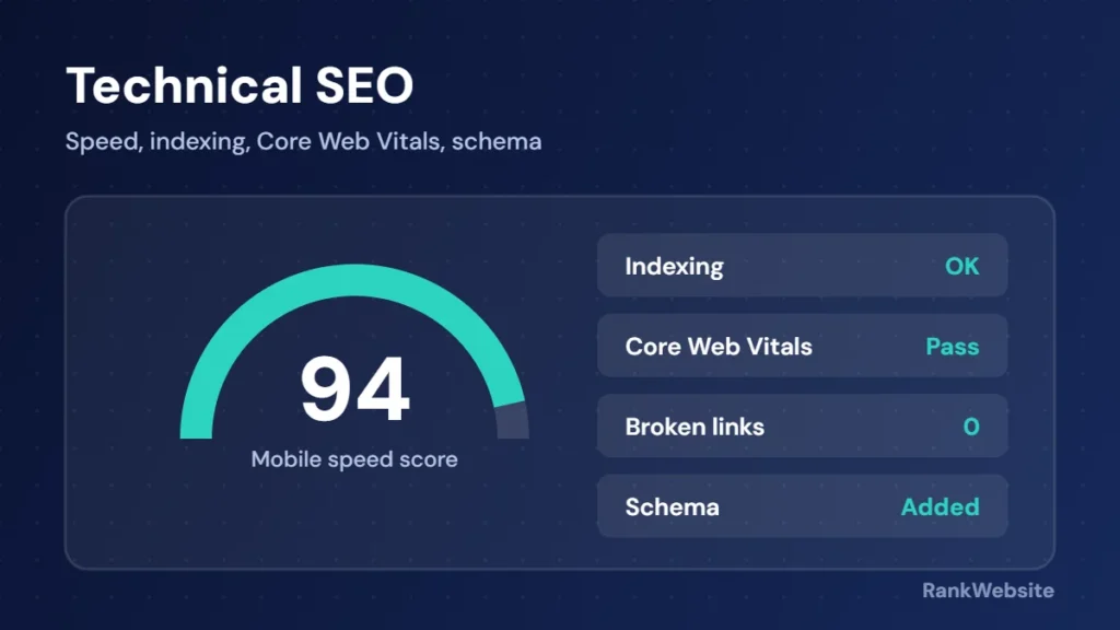 Technical SEO checks: mobile speed score, indexing, Core Web Vitals and schema